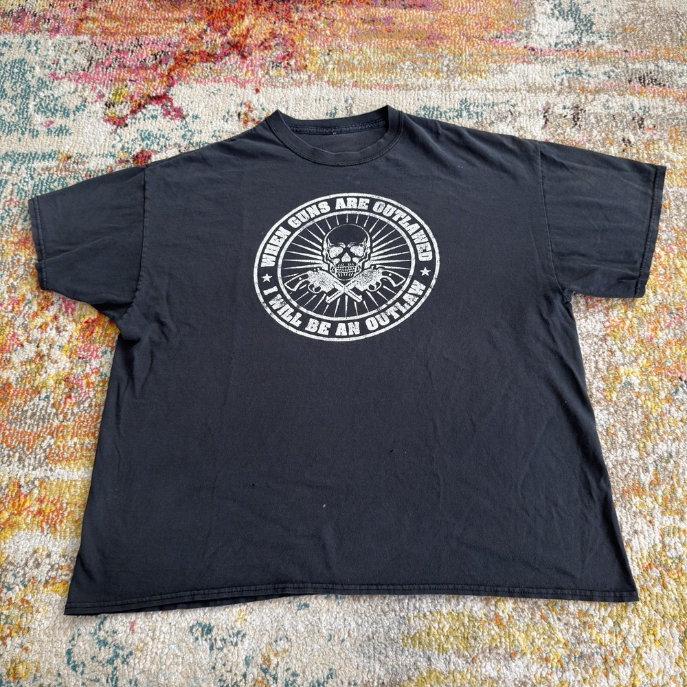 Y2K 2000s 2nd Amendment Skull Graphic T-Shirt Mens 2XL Black Outlaw Gun Rights